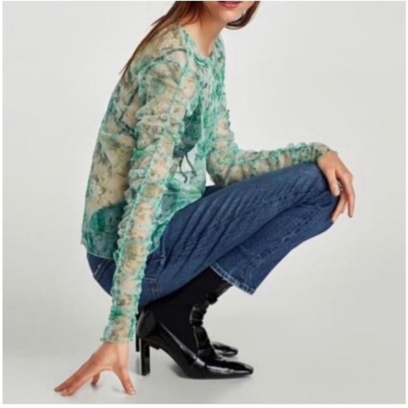 Zara Sheer Floral Ruched Sleeve Tulle Top - Picture 3 of 8